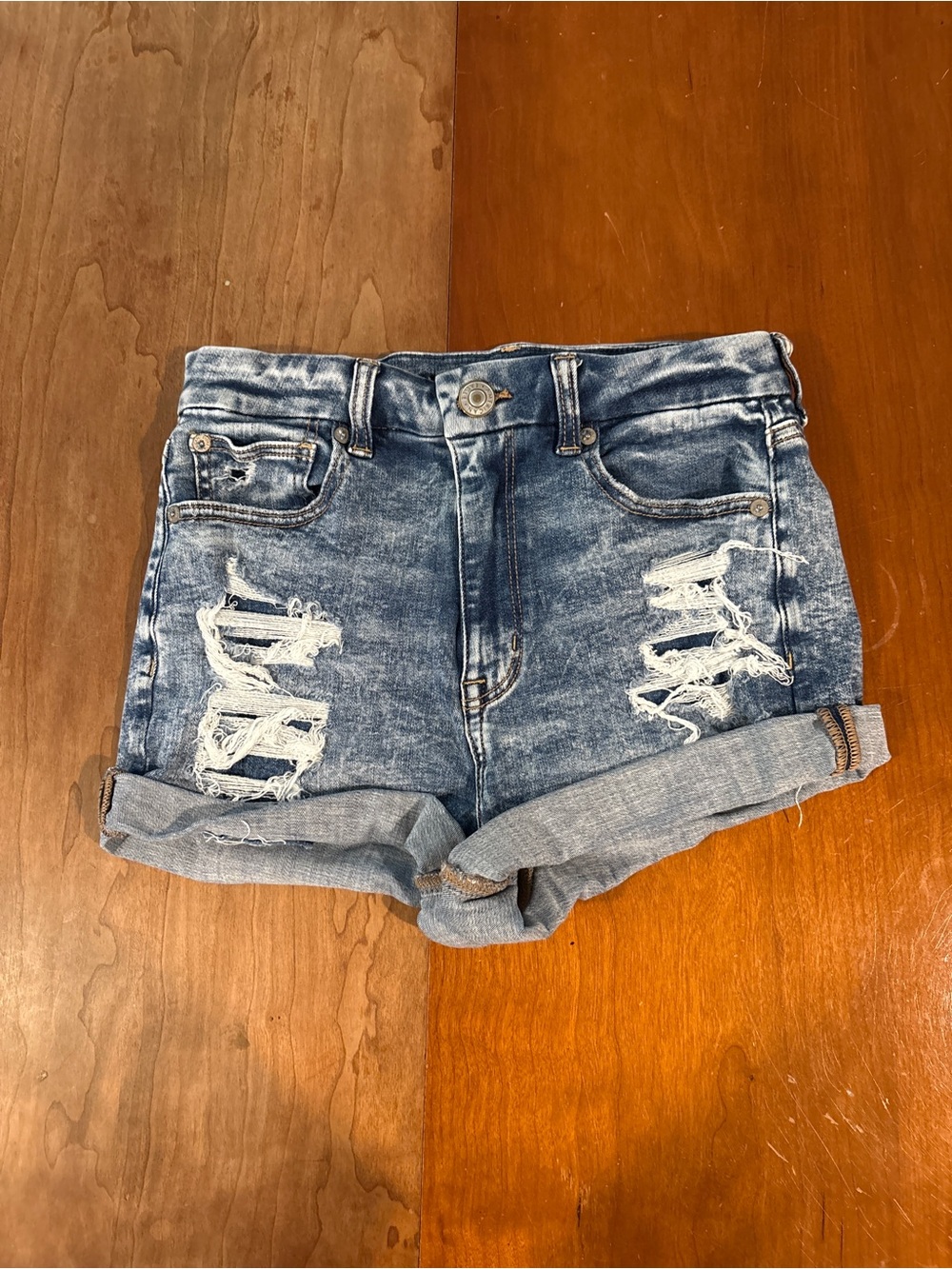 American Eagle Next Level Stretch Ripped Dark Wash Denim Shorts